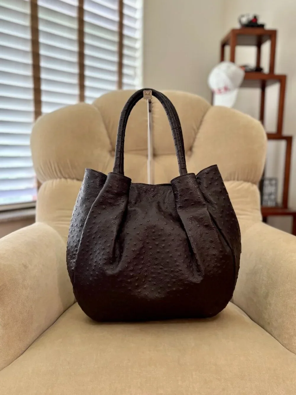Auth FURLA Genuine Ostrich Embossed Leather Satchel Bag GORGEOUS!